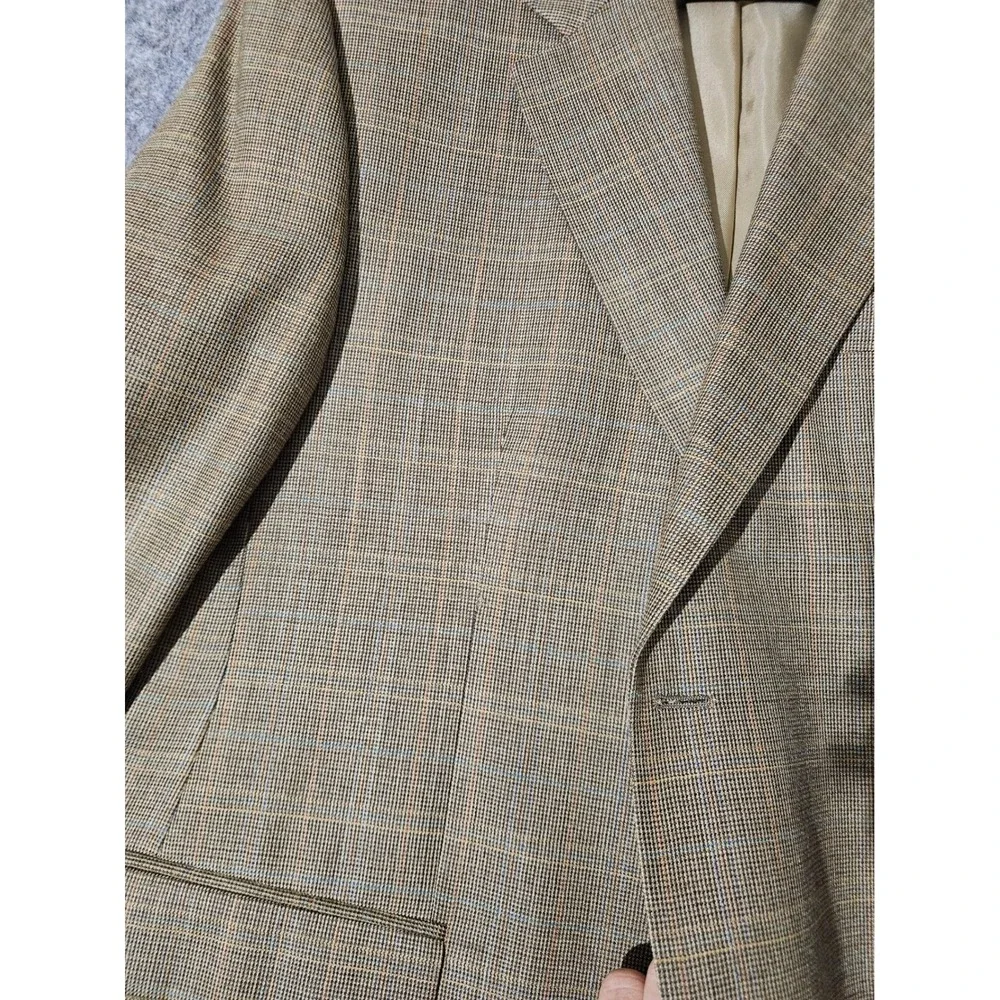 Lauren Ralph Lauren Mens Suit Blazer Jacket 44R Tan Brown Plaid Wool Silk